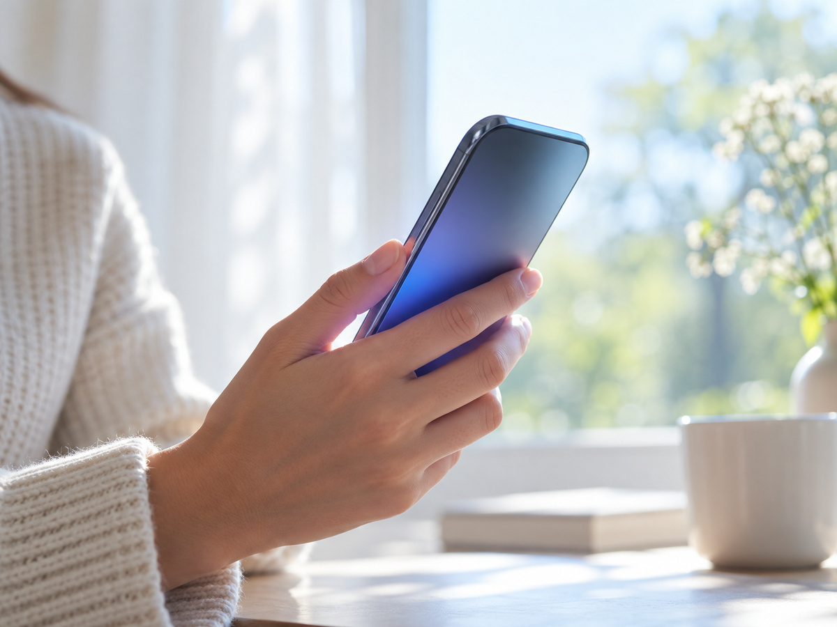 A hand holding a phone near a window