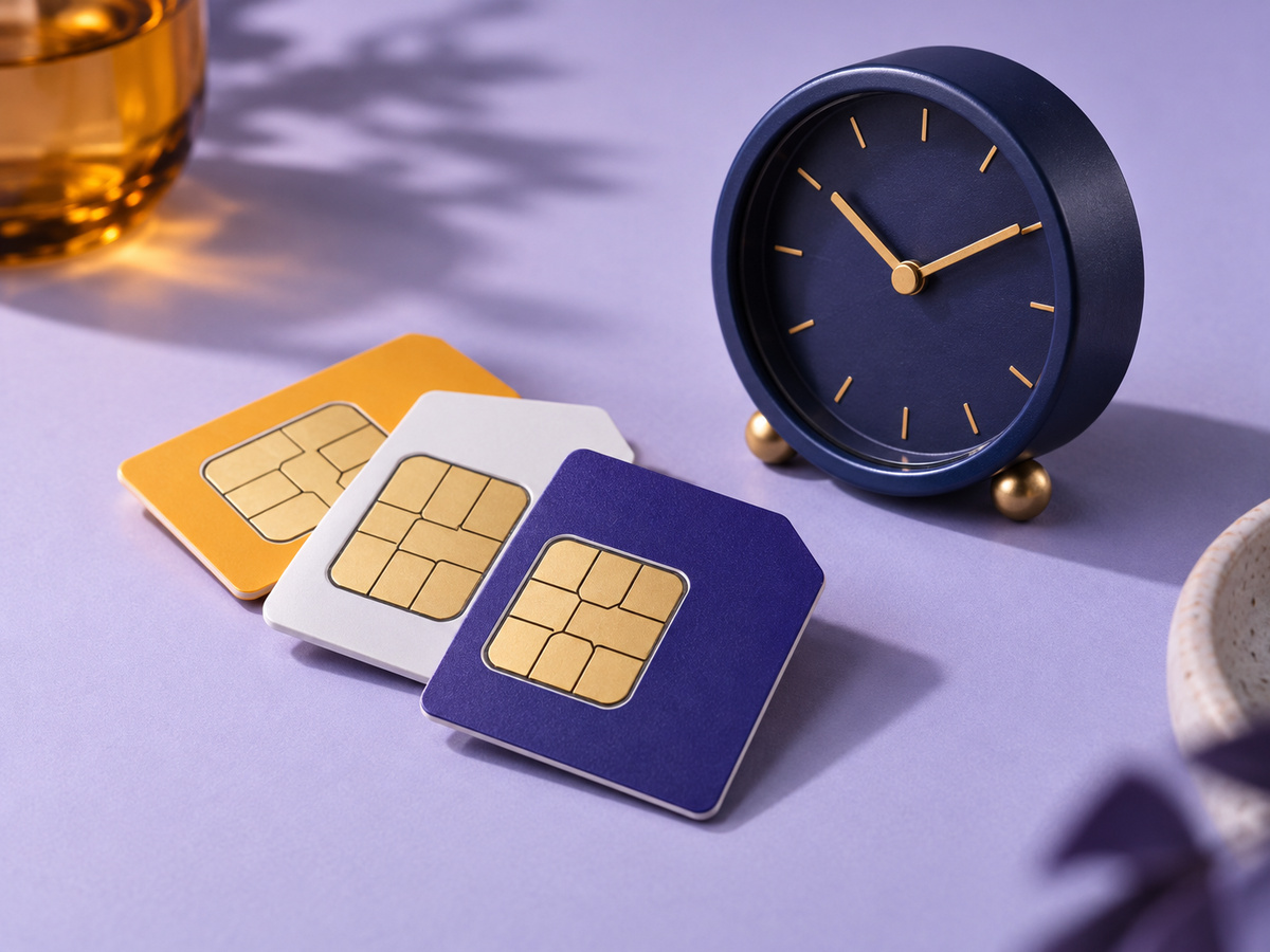 SIM cards beside a small clock