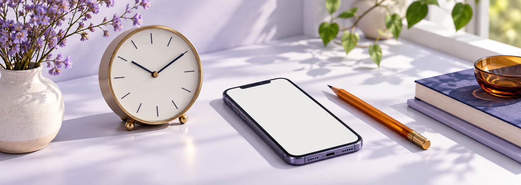 A clock and phone on a desk